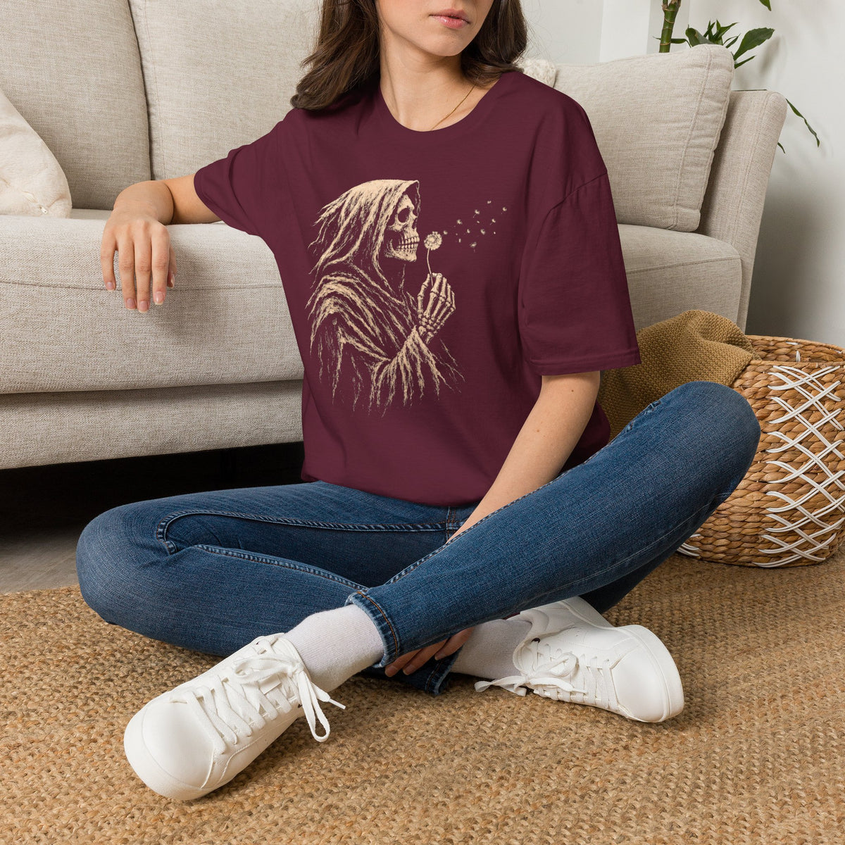 Lifestyle mockup of the Grim Reaper Blowing Dandelion Gildan 64000 T-shirt.