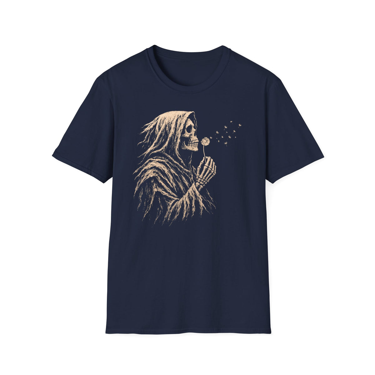Navy Gildan 64000 T-shirt with Grim Reaper Blowing Dandelion design printed on the front.