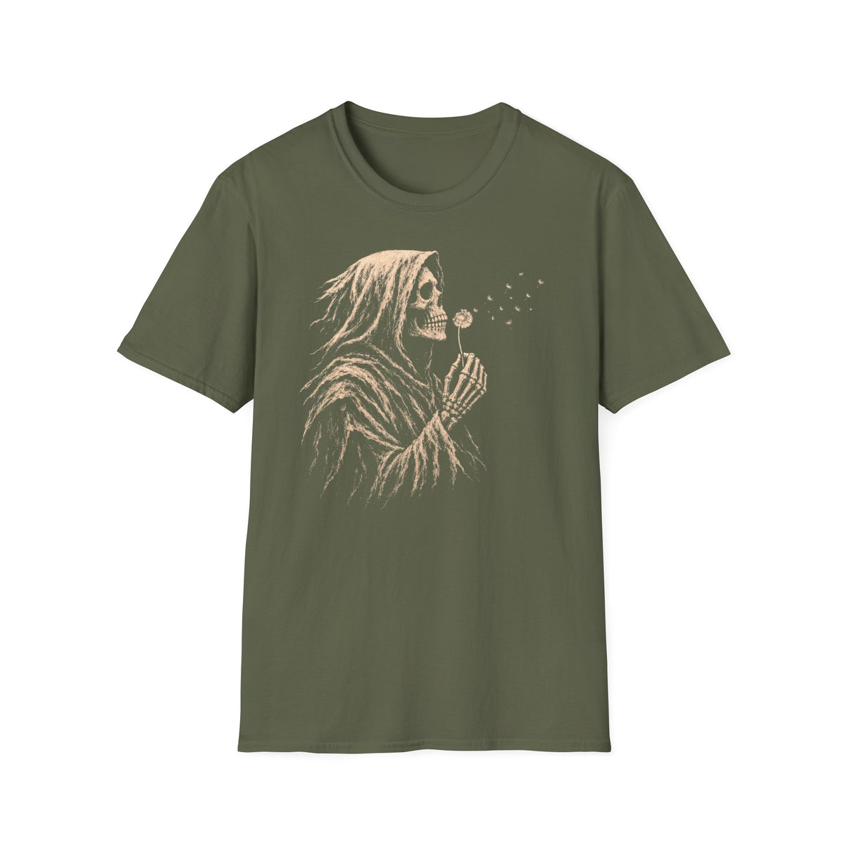 Military Green Gildan 64000 T-shirt with Grim Reaper Blowing Dandelion design printed on the front.