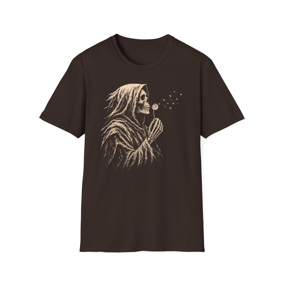 Black Gildan 64000 T-shirt with Grim Reaper Blowing Dandelion design printed on the front.