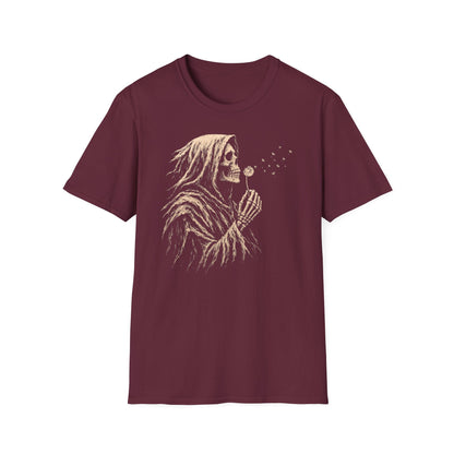 Maroon Gildan 64000 T-shirt with Grim Reaper Blowing Dandelion design printed on the front.