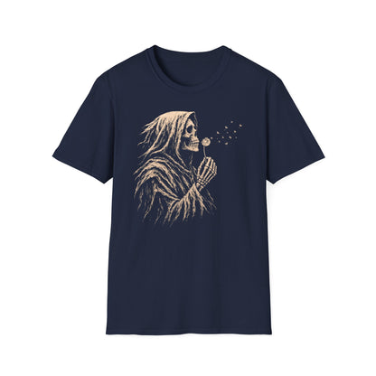 Navy Gildan 64000 T-shirt with Grim Reaper Blowing Dandelion design printed on the front.