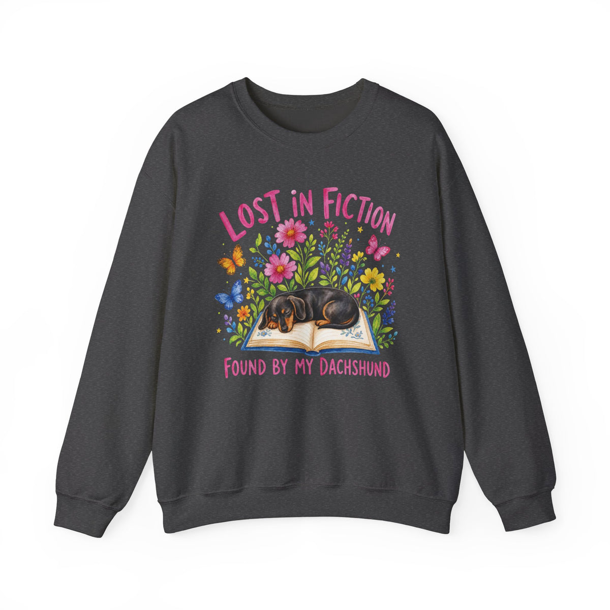 Dark Heather Gildan 18000 unisex crewneck sweatshirt, front product mockup.