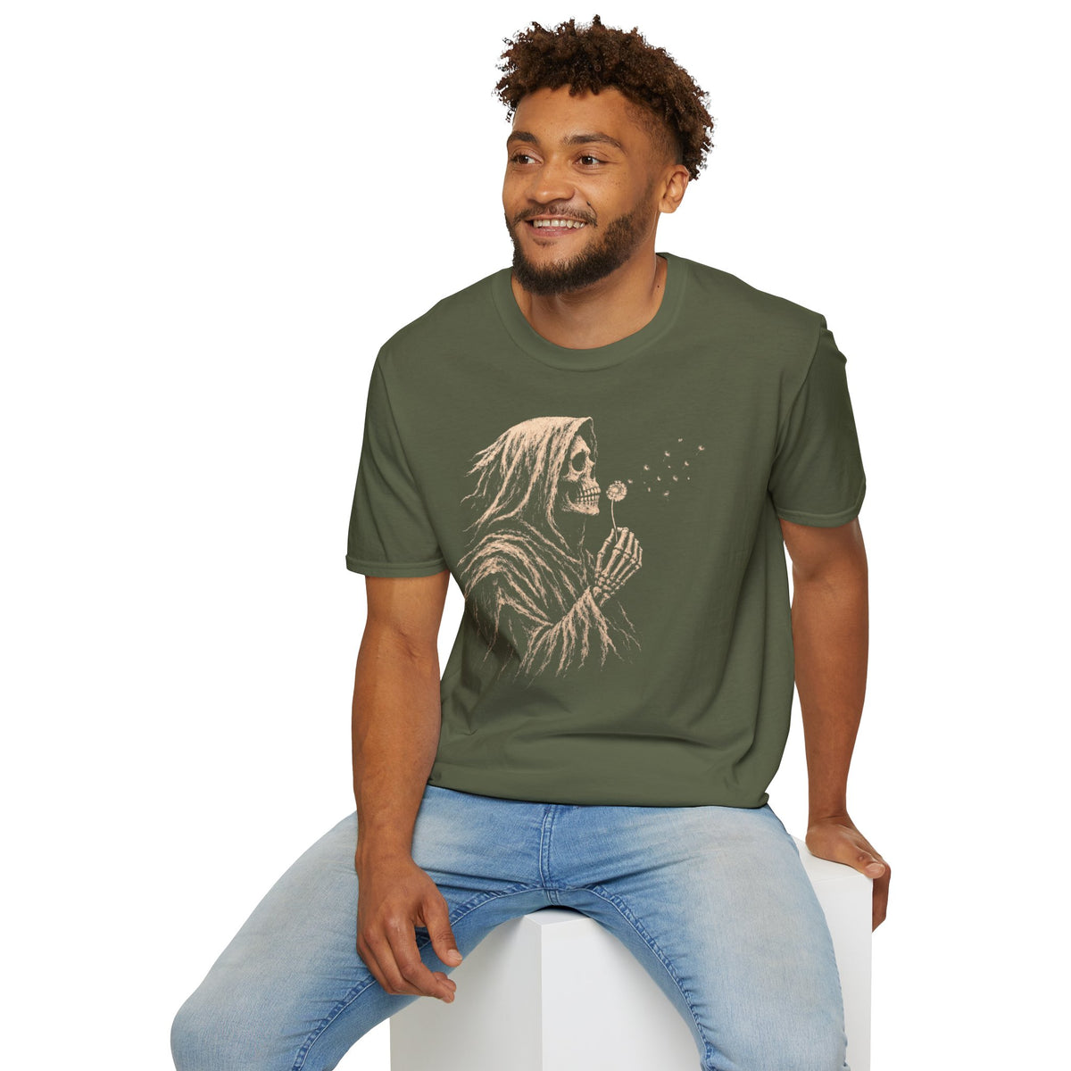 Lifestyle mockup of the Grim Reaper Blowing Dandelion Gildan 64000 T-shirt.