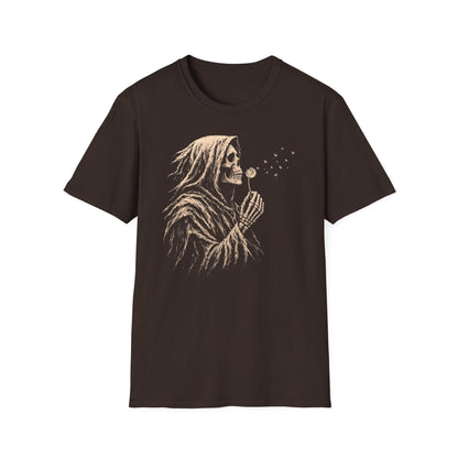 Black Gildan 64000 T-shirt with Grim Reaper Blowing Dandelion design printed on the front.